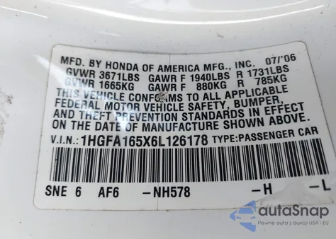 2006 Honda Civic Lx z USA, uszkodzony, nr VIN 1HGFA165X6L126178